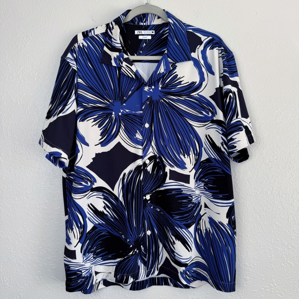 Zara Mens Slim Fit Floral Button Down Shirt Blue White XL Short Sleeve Tropical